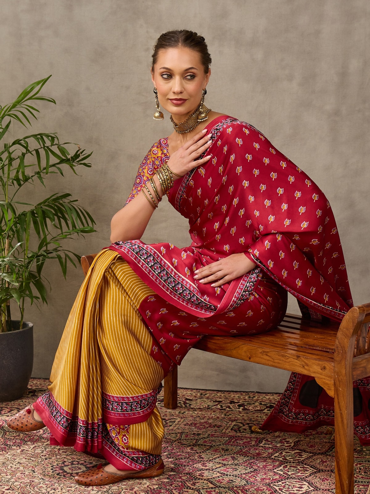 Peachmode Wine Semi Modal Printed Saree With Ethnic Border - Image 3