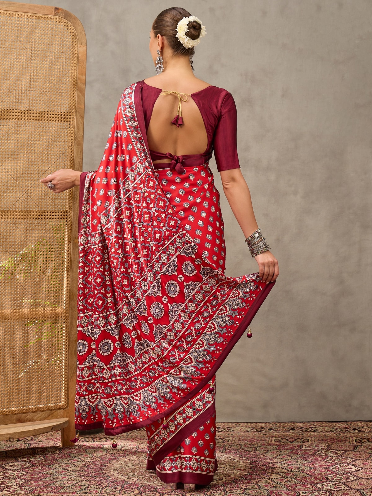 Peachmode Coral Semi Modal Ajrakh Style Printed Saree With Mirror Work - Image 2