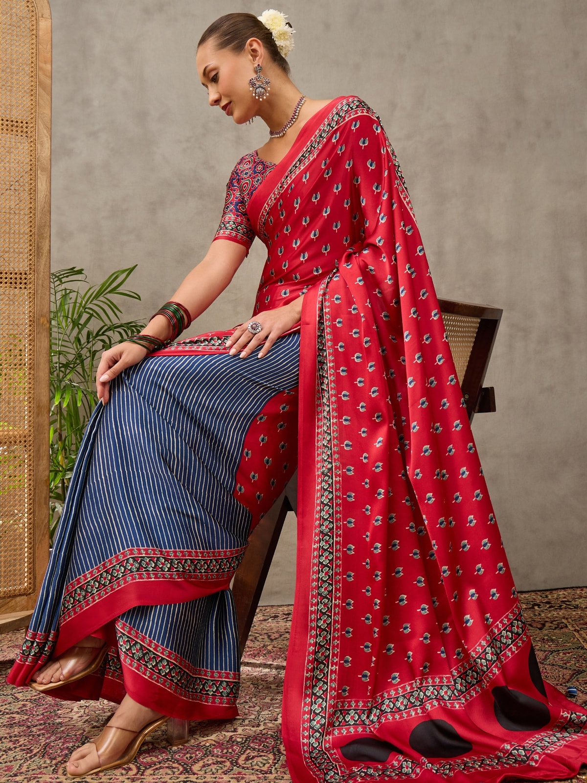 Peachmode Red Semi Modal Printed Saree With Ethnic Border - Image 3