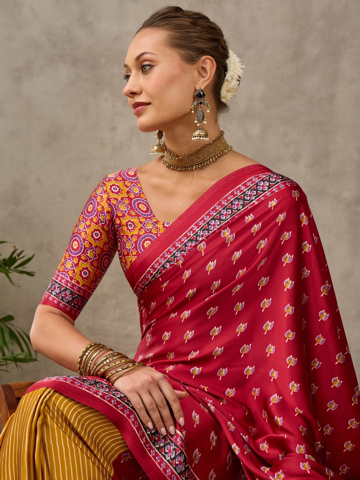 Peachmode Wine Semi Modal Printed Saree With Ethnic Border - Image 4