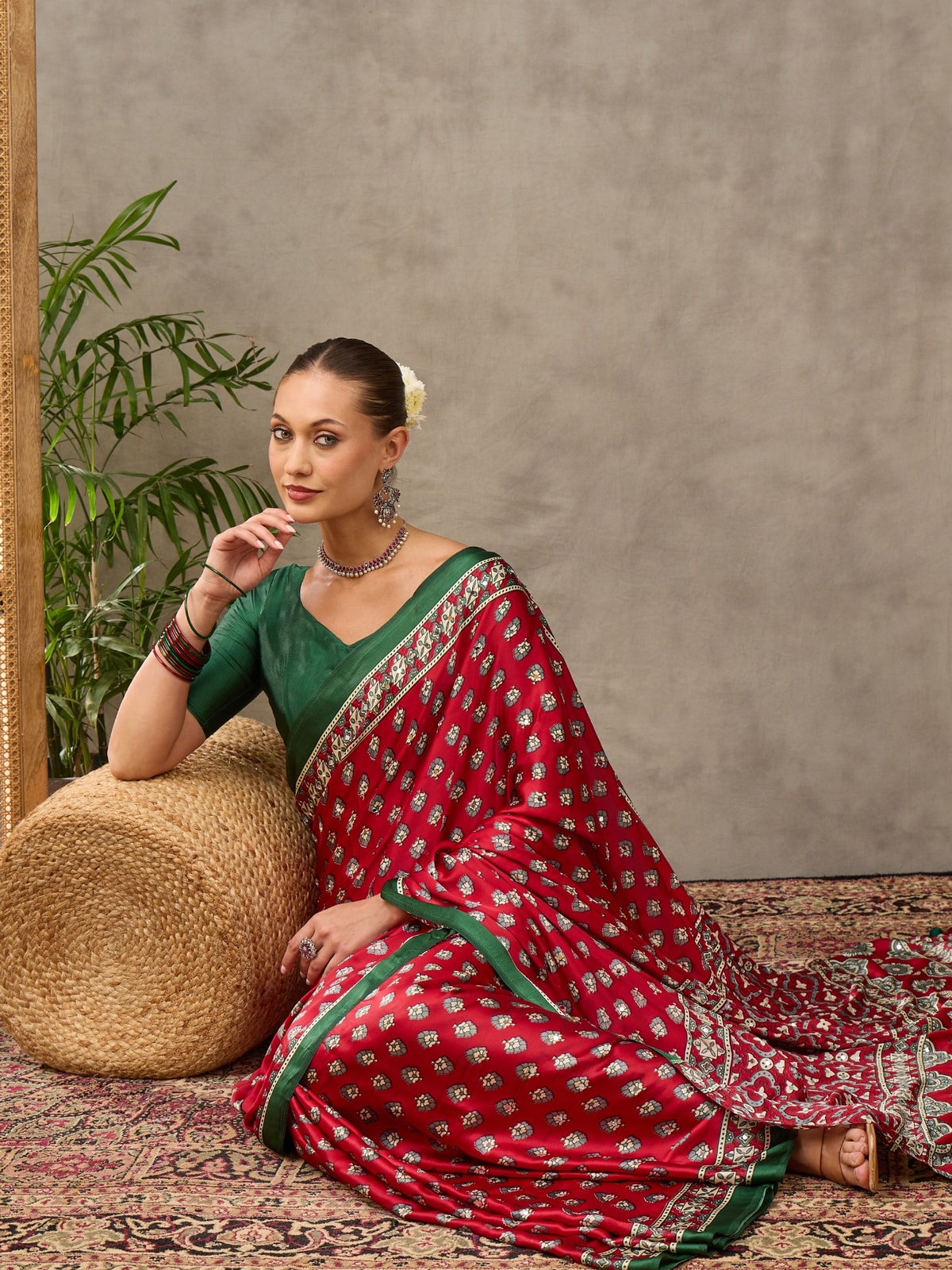 Peachmode Red Semi Modal Ajrakh Style Printed Saree With Mirror Work - Image 3