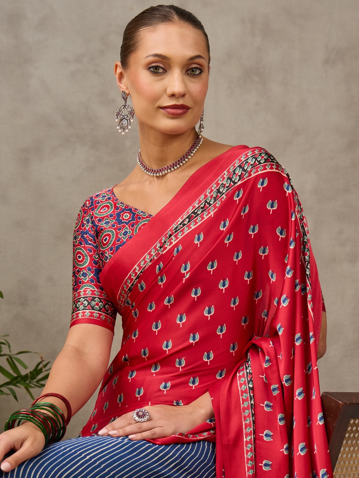 Peachmode Red Semi Modal Printed Saree With Ethnic Border - Image 4