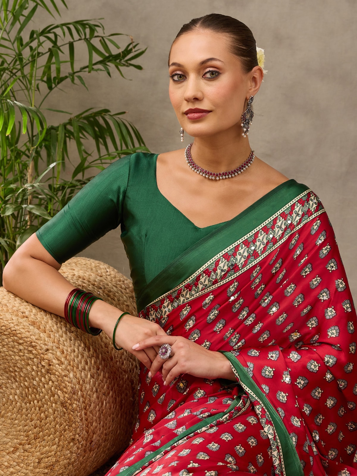 Peachmode Red Semi Modal Ajrakh Style Printed Saree With Mirror Work - Image 4