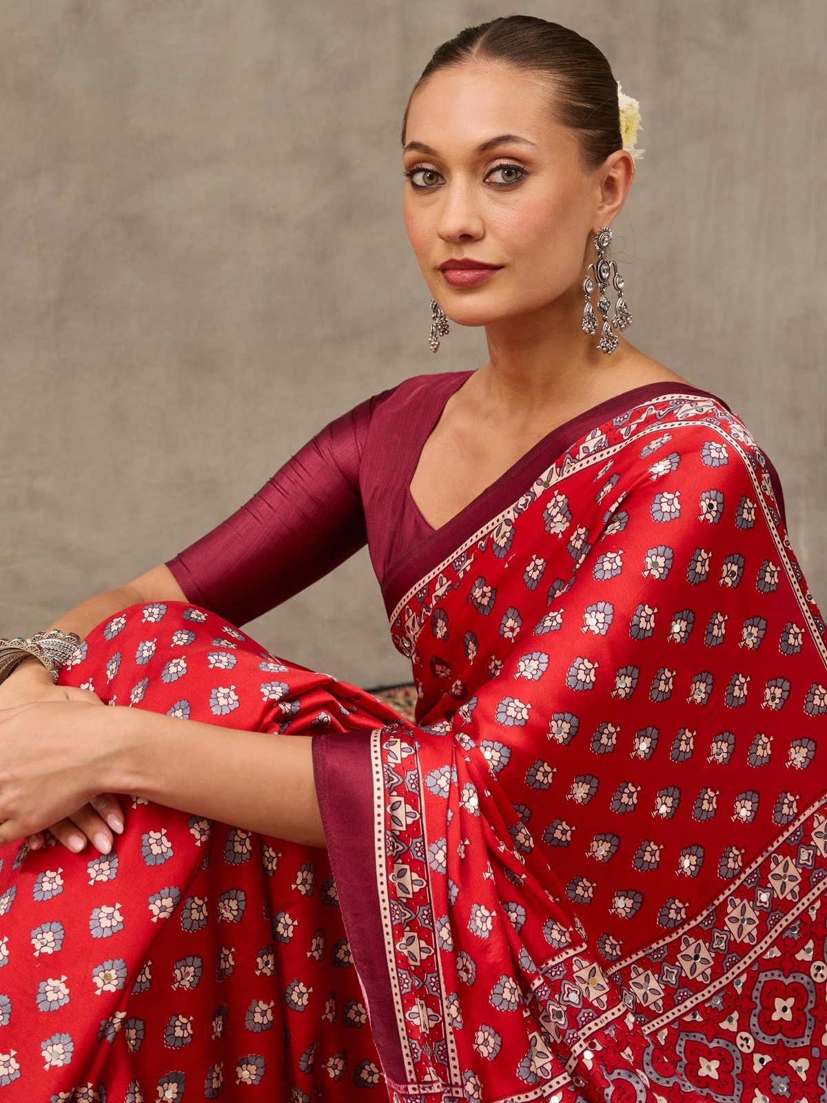 Peachmode Coral Semi Modal Ajrakh Style Printed Saree With Mirror Work - Image 4