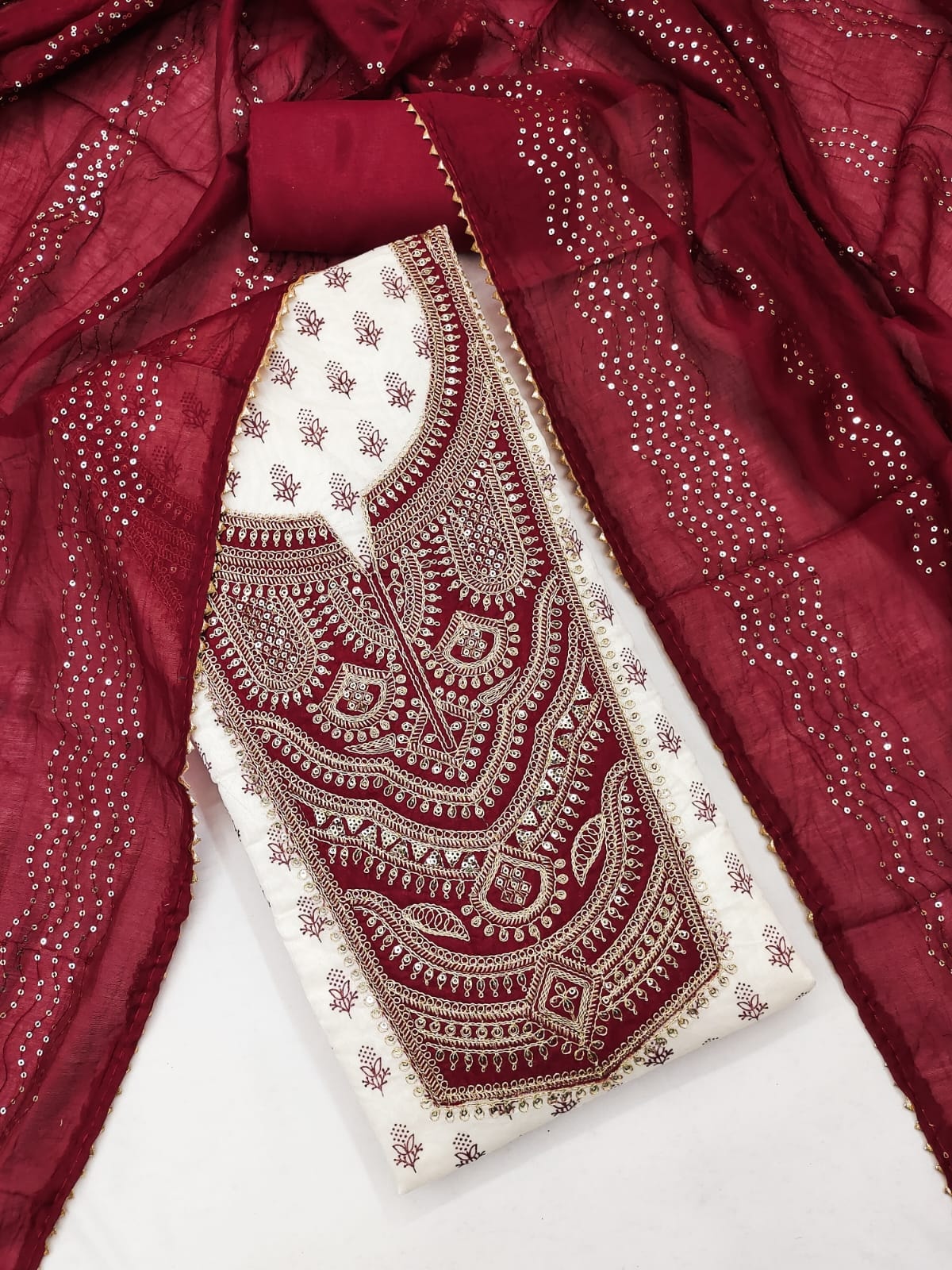 Peachmode White Chanderi Silk Unstitched Dress Material With Maroon Embroidered Yoke And Sequin Dupatta - Image 1
