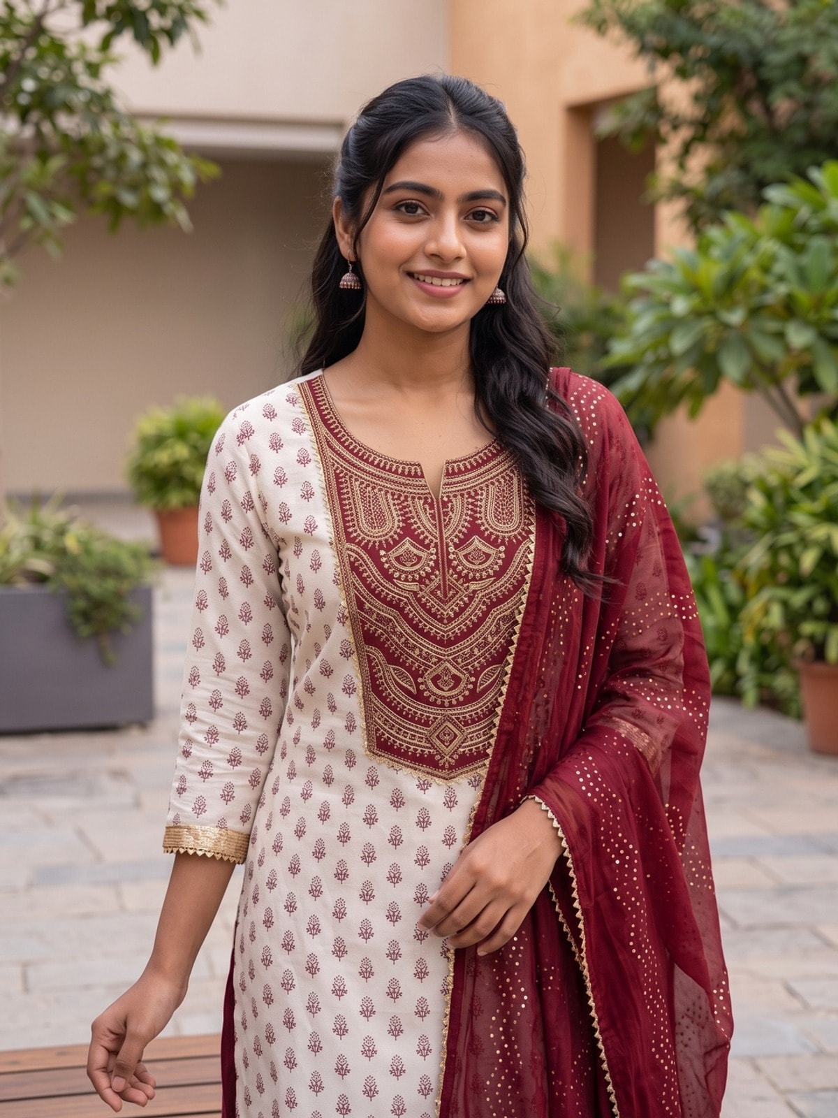 Peachmode White Chanderi Silk Unstitched Dress Material With Maroon Embroidered Yoke And Sequin Dupatta - Image 4