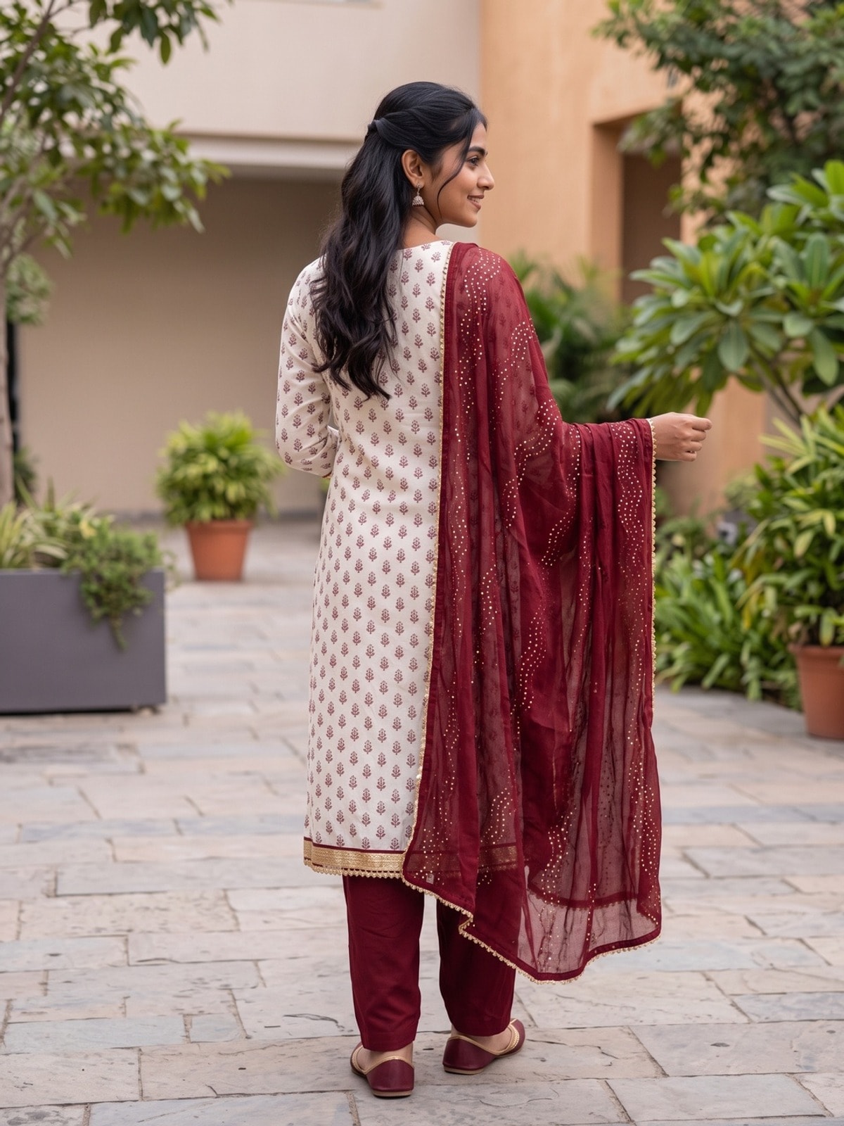 Peachmode White Chanderi Silk Unstitched Dress Material With Maroon Embroidered Yoke And Sequin Dupatta - Image 5