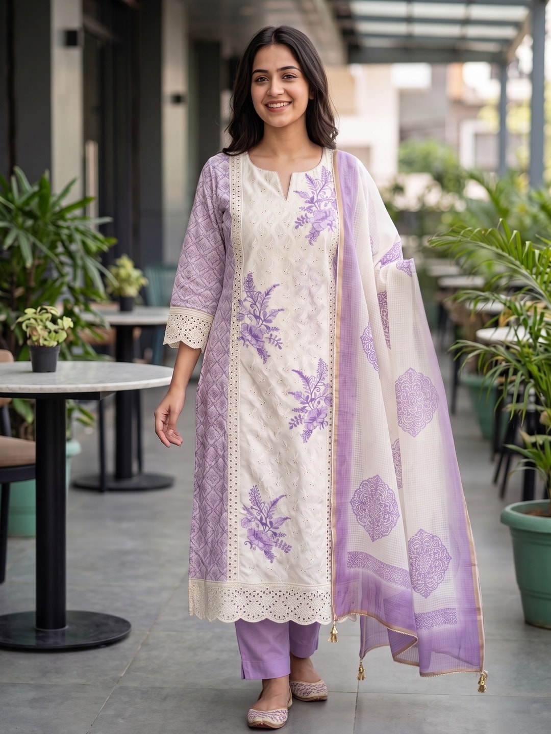 Peachmode Purple Muslin Blend Schiffli Work Salwar Suit with Printed Dupatta - Image 1