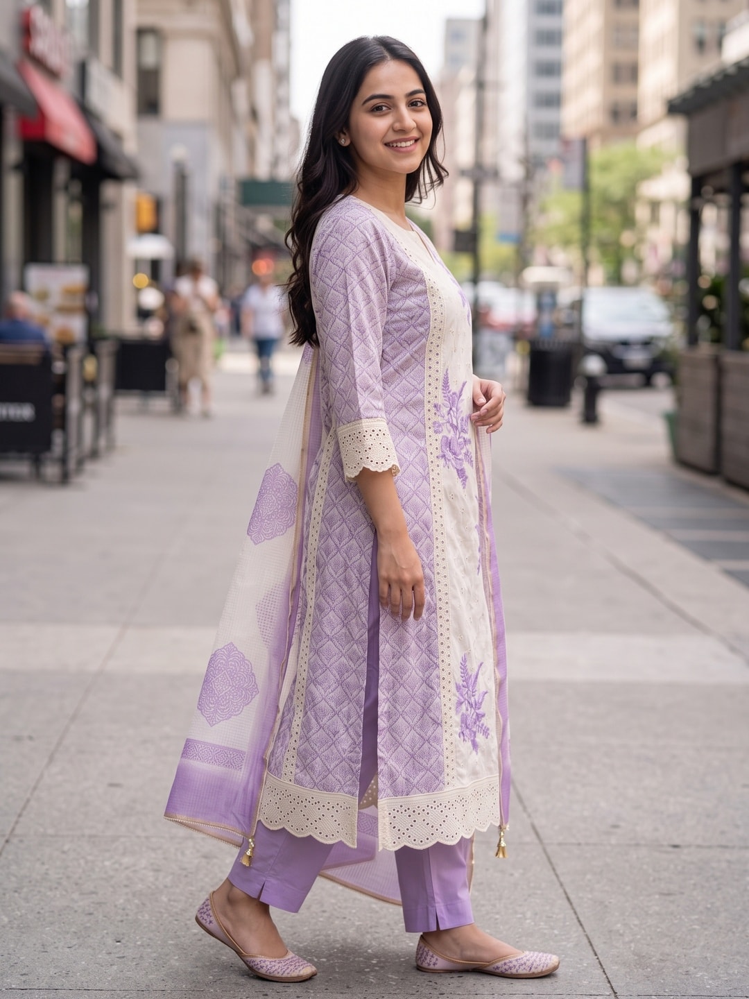 Peachmode Purple Muslin Blend Schiffli Work Salwar Suit with Printed Dupatta - Image 3