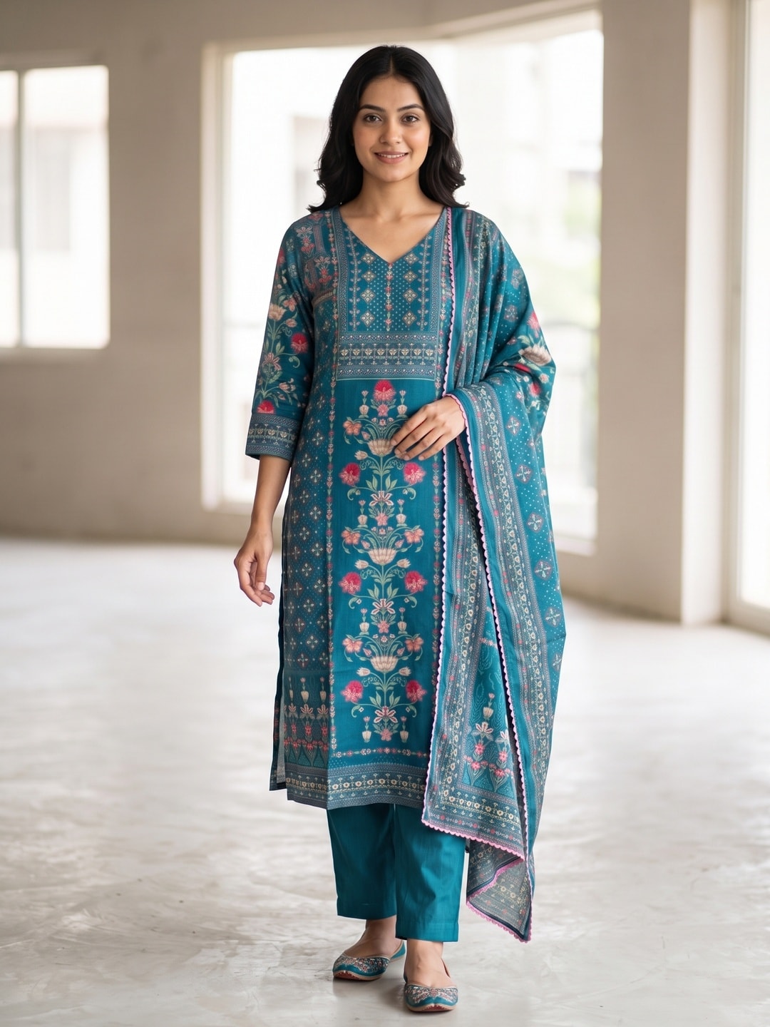 Peachmode Teal Pure Muslin Digital Print Salwar Suit with Handwork - Image 1