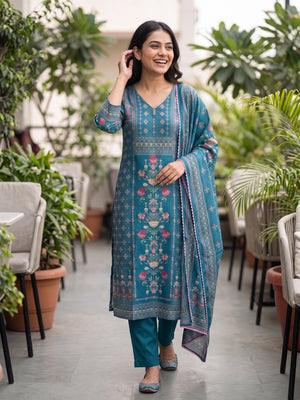 Peachmode Teal Pure Muslin Digital Print Salwar Suit with Handwork - Image 2