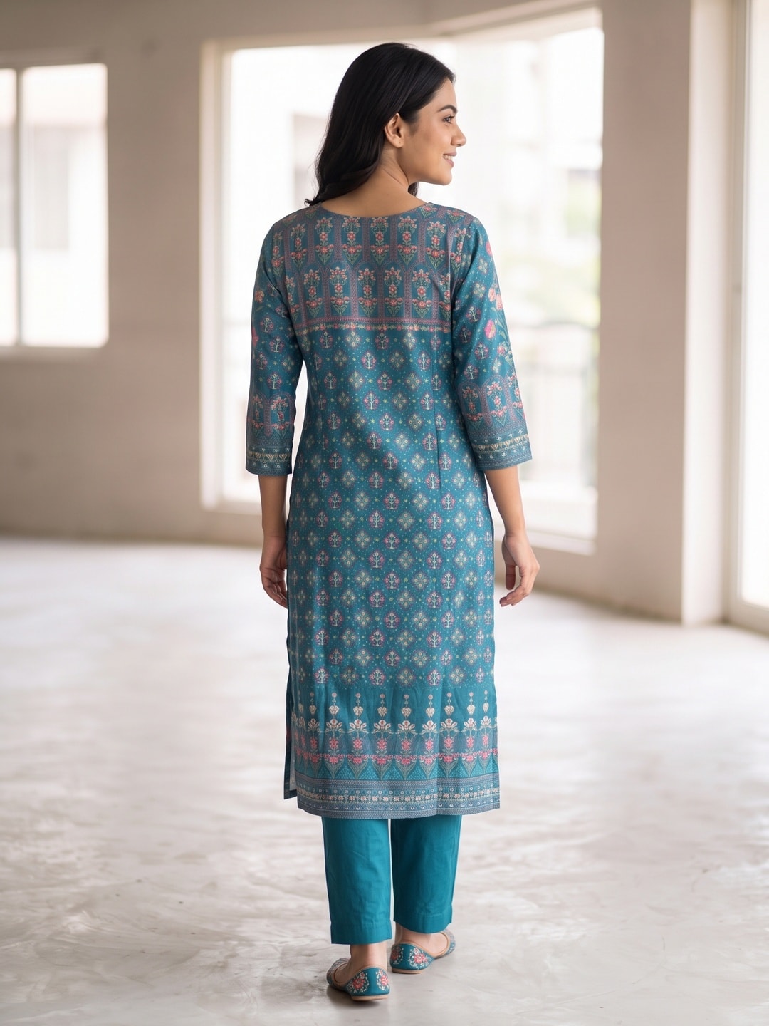 Peachmode Teal Pure Muslin Digital Print Salwar Suit with Handwork - Image 4