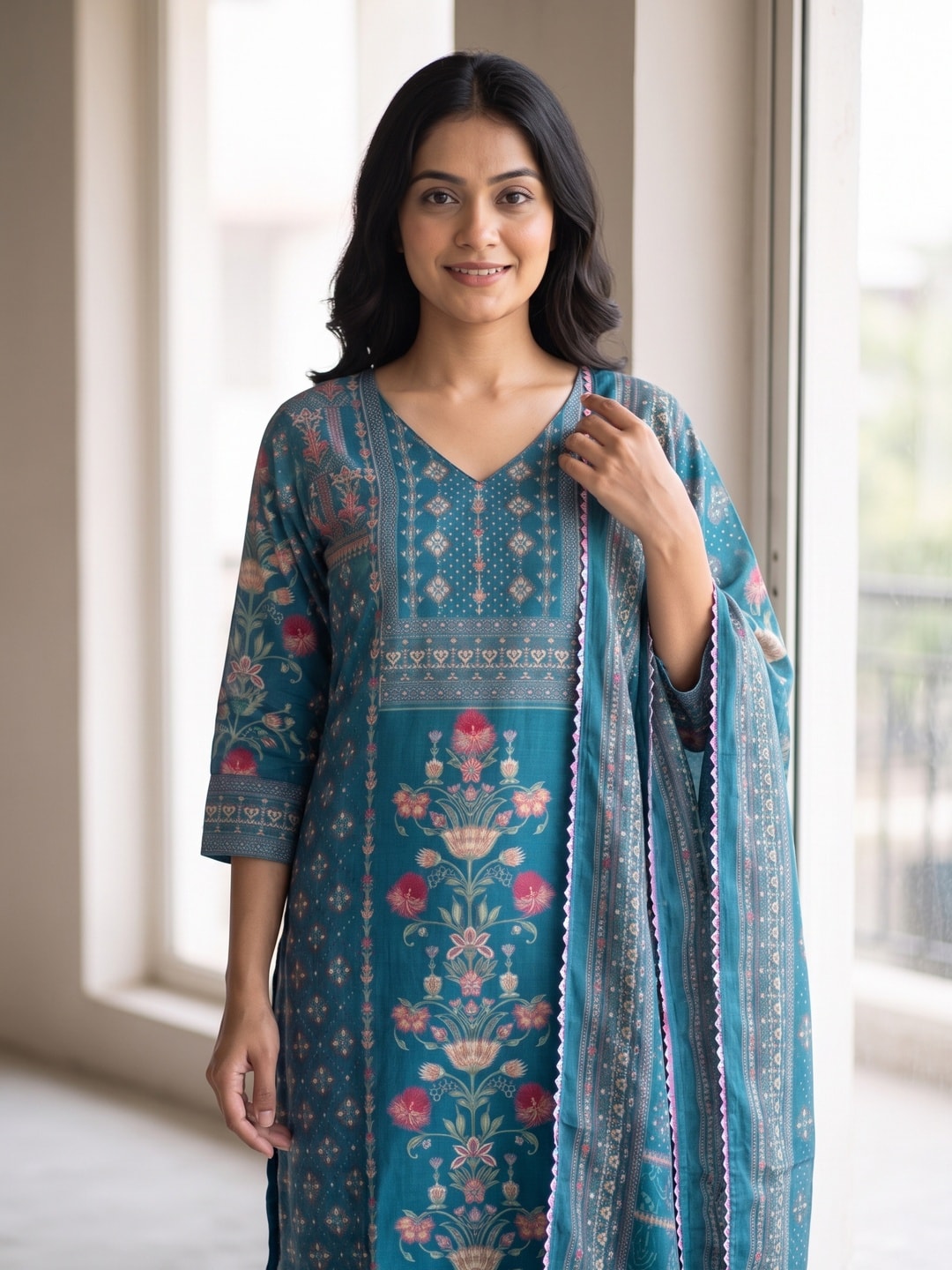 Peachmode Teal Pure Muslin Digital Print Salwar Suit with Handwork - Image 5