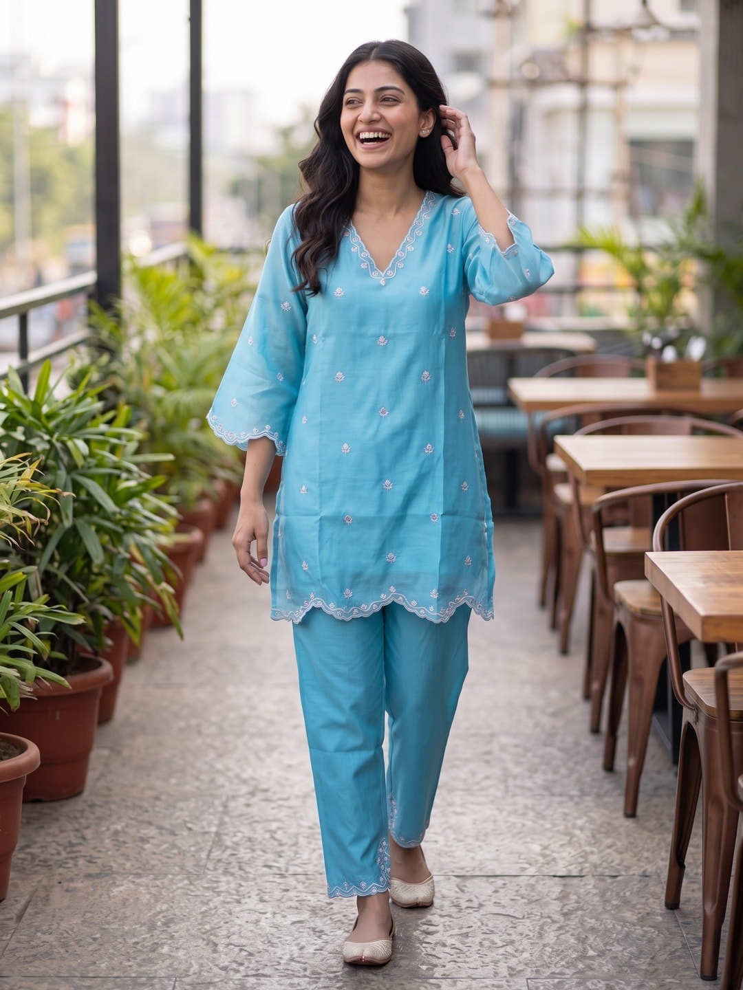 Peachmode Teal Silk Blend Embroidered Co-ord Set with Scalloped Vine Work - Image 2