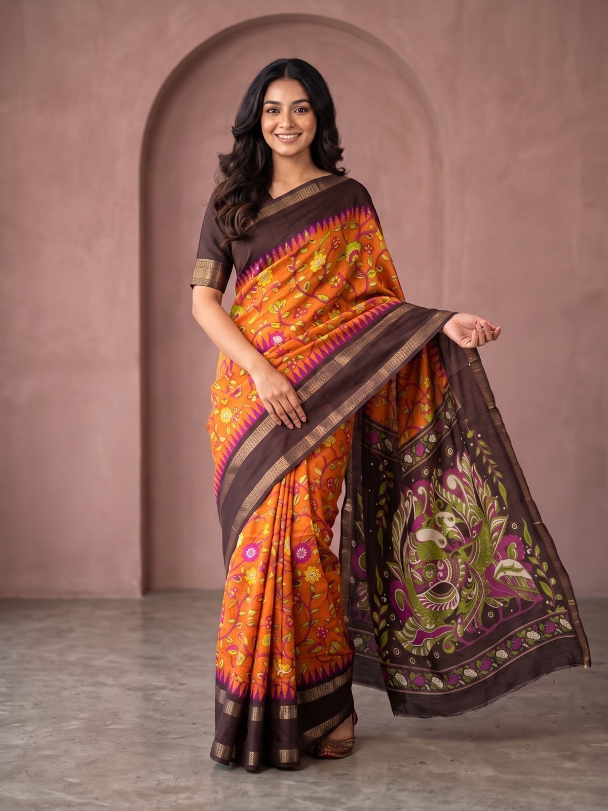 Peachmode Orange Moss Georgette Saree With Bentex Jacquard Border And Kalamkari Peacock Pallu - Image 1