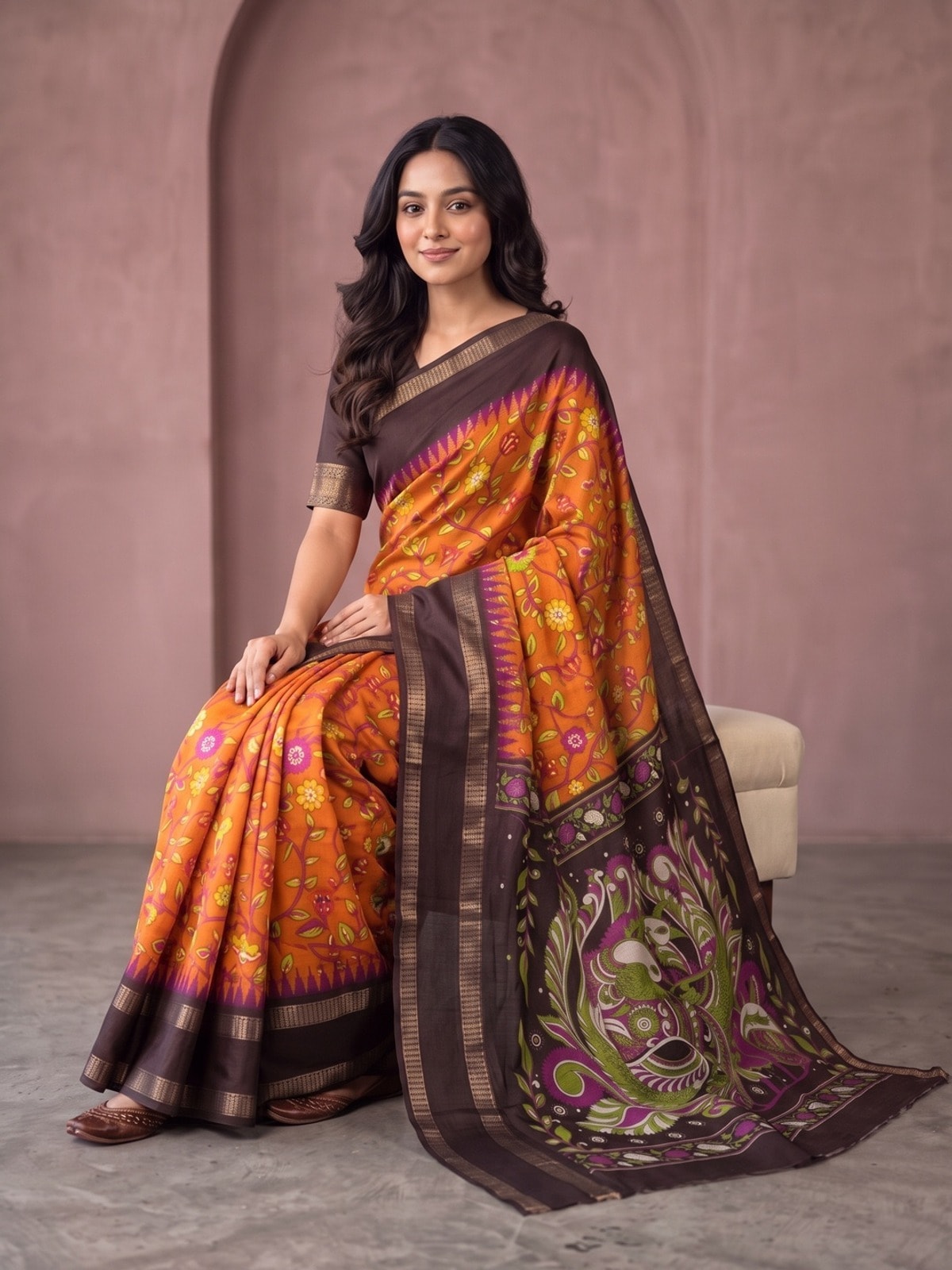 Peachmode Orange Moss Georgette Saree With Bentex Jacquard Border And Kalamkari Peacock Pallu - Image 5