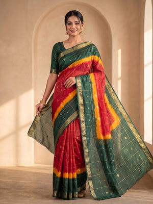 Peachmode Green Soft Cotton Jacquard Bandhani Shibori Saree With Kalamkari Weaving - Image 1
