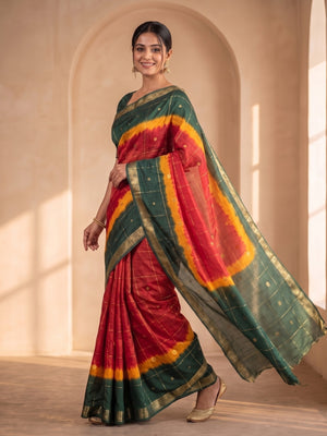 Peachmode Green Soft Cotton Jacquard Bandhani Shibori Saree With Kalamkari Weaving - Image 2