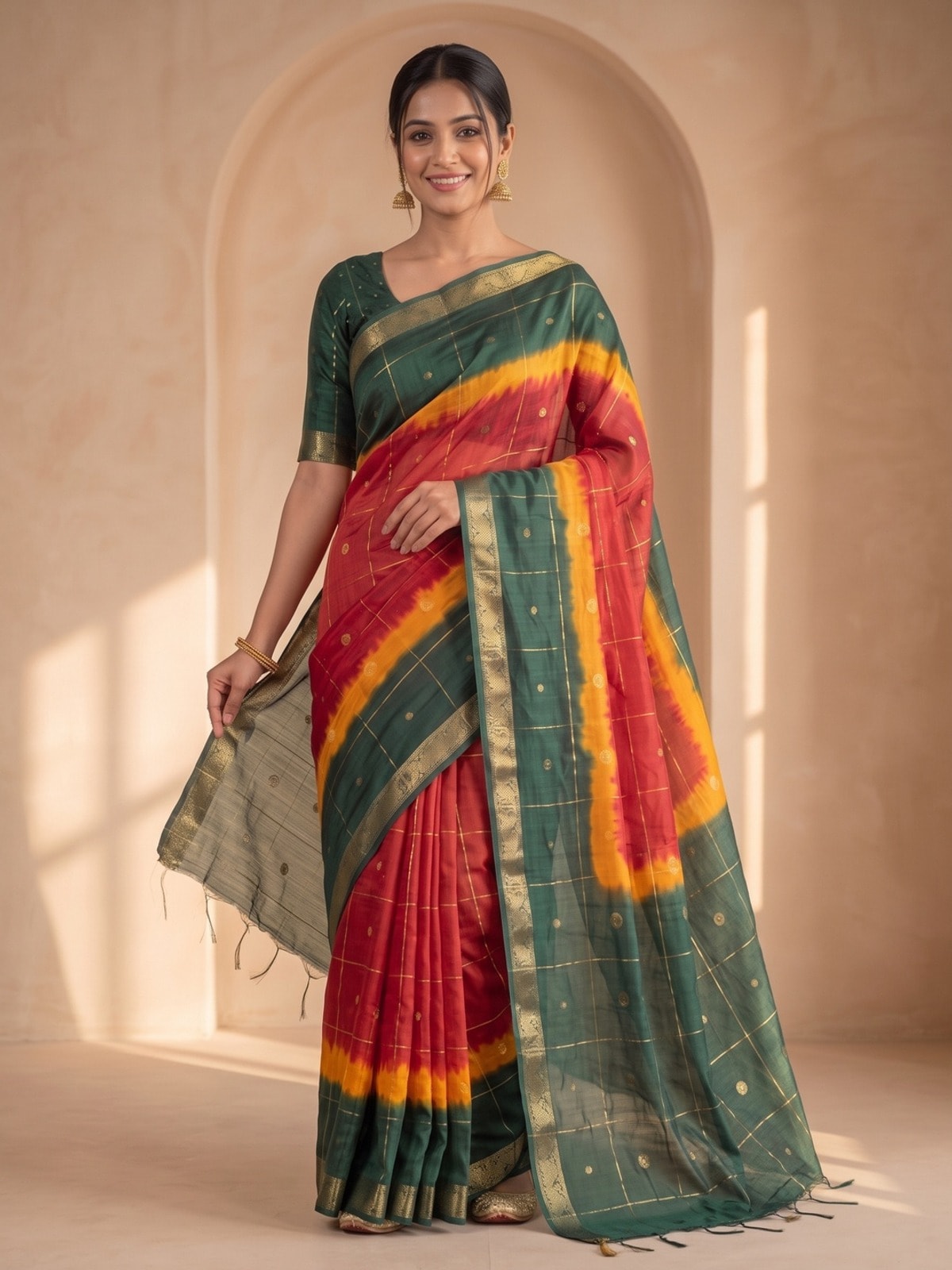 Peachmode Green Soft Cotton Jacquard Bandhani Shibori Saree With Kalamkari Weaving - Image 3