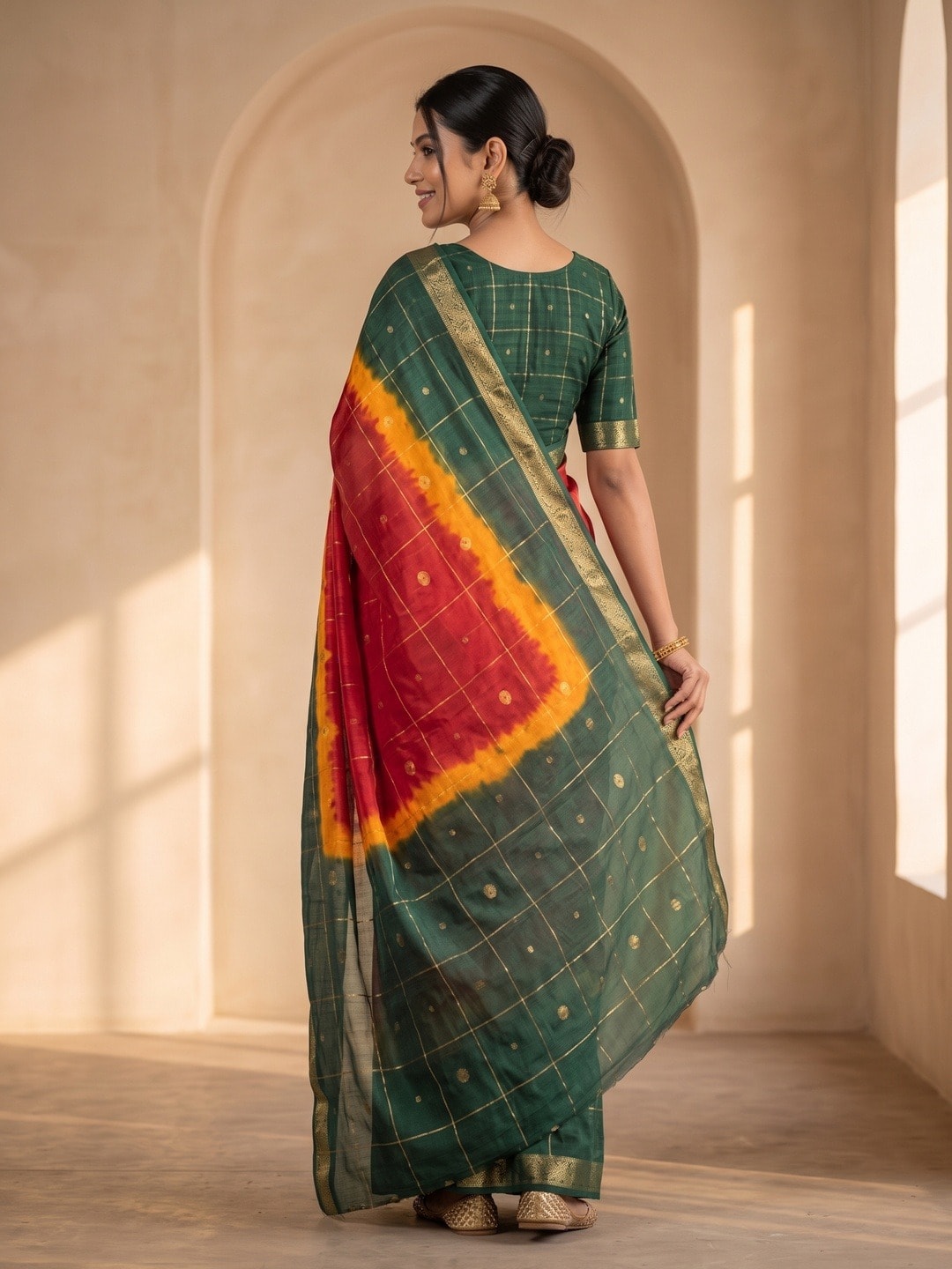Peachmode Green Soft Cotton Jacquard Bandhani Shibori Saree With Kalamkari Weaving - Image 4