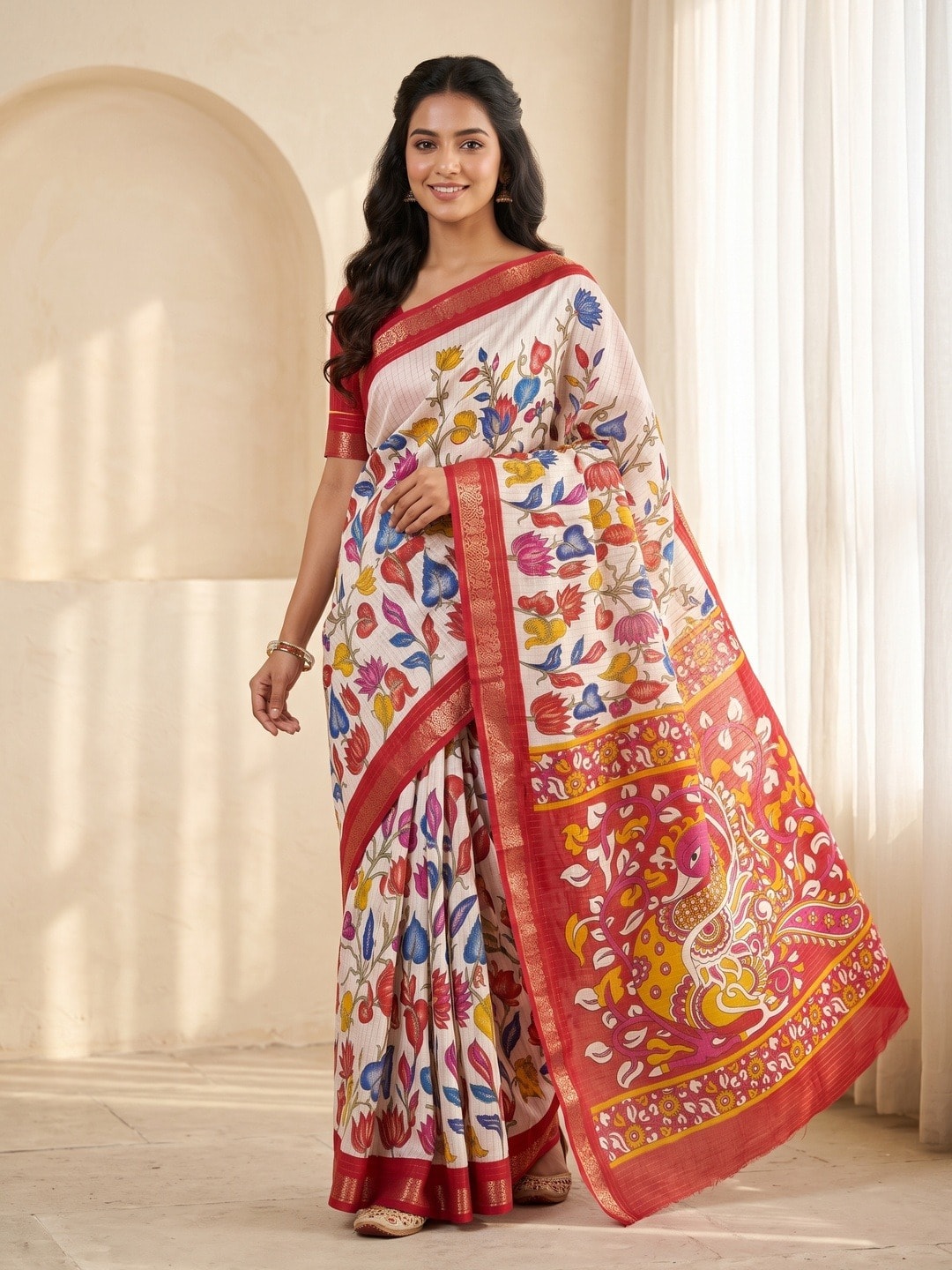Peachmode White Soft Cotton Chex Jacquard Saree With Kalamkari Peacock Pallu - Image 1