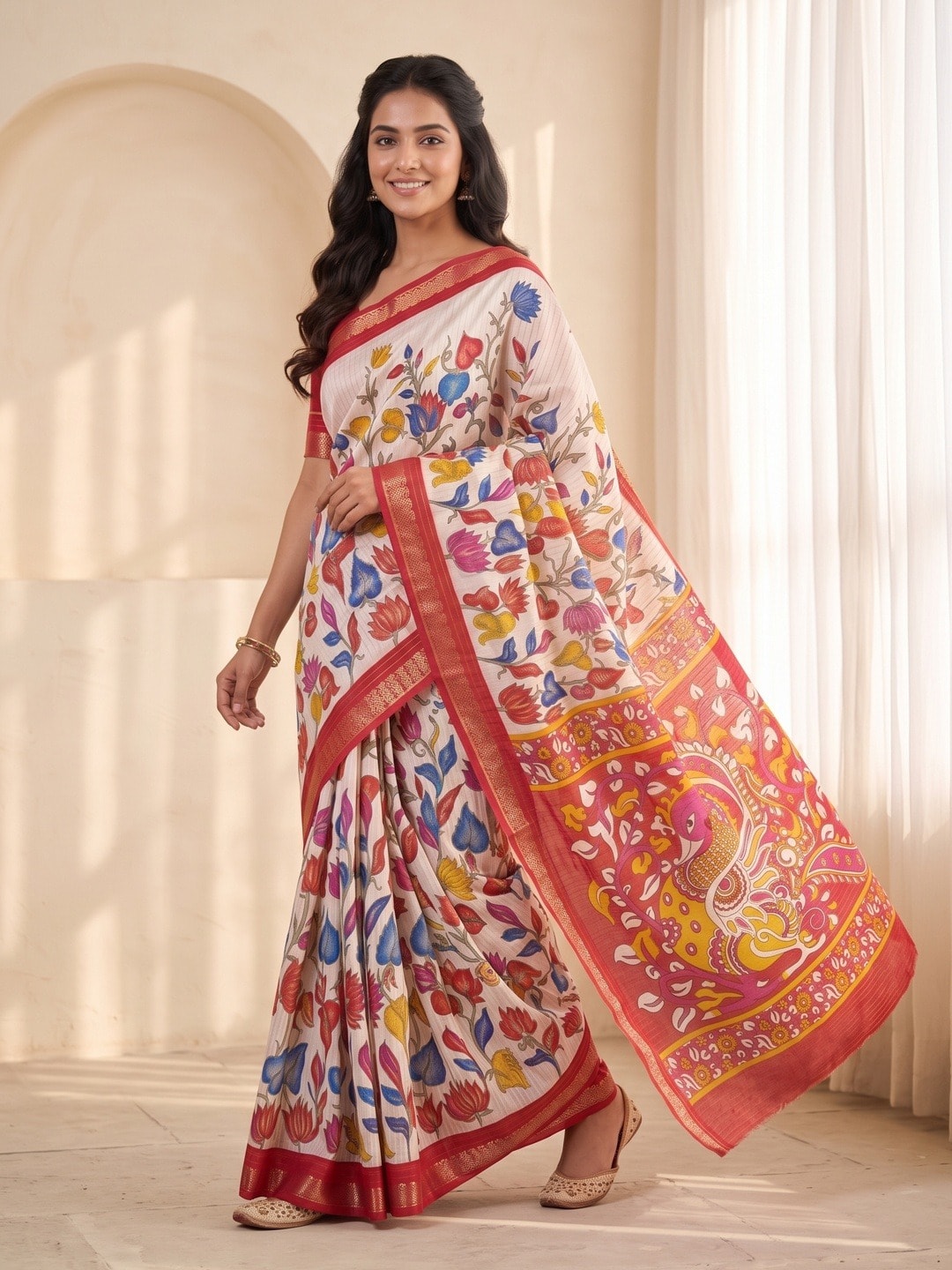 Peachmode White Soft Cotton Chex Jacquard Saree With Kalamkari Peacock Pallu - Image 2