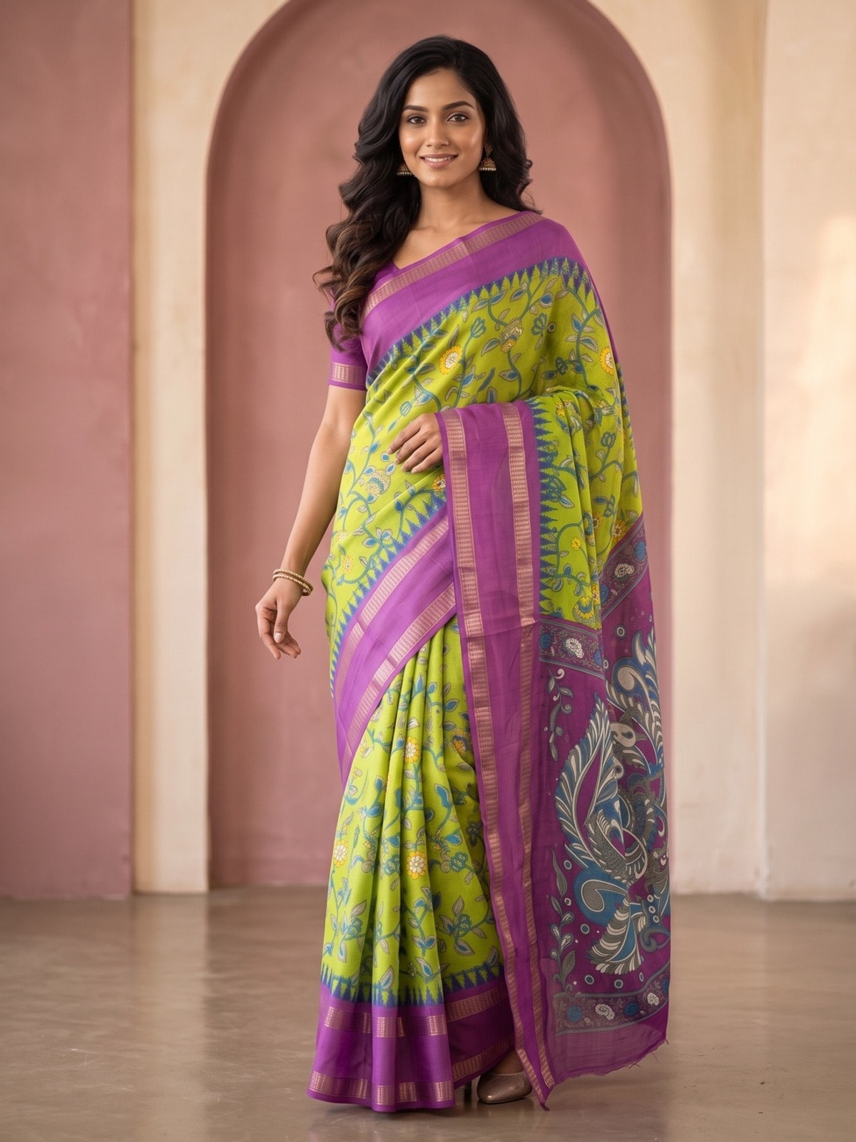 Peachmode Lime Green Moss Georgette Saree With Bentex Jacquard Border And Kalamkari Peacock Pallu - Image 1