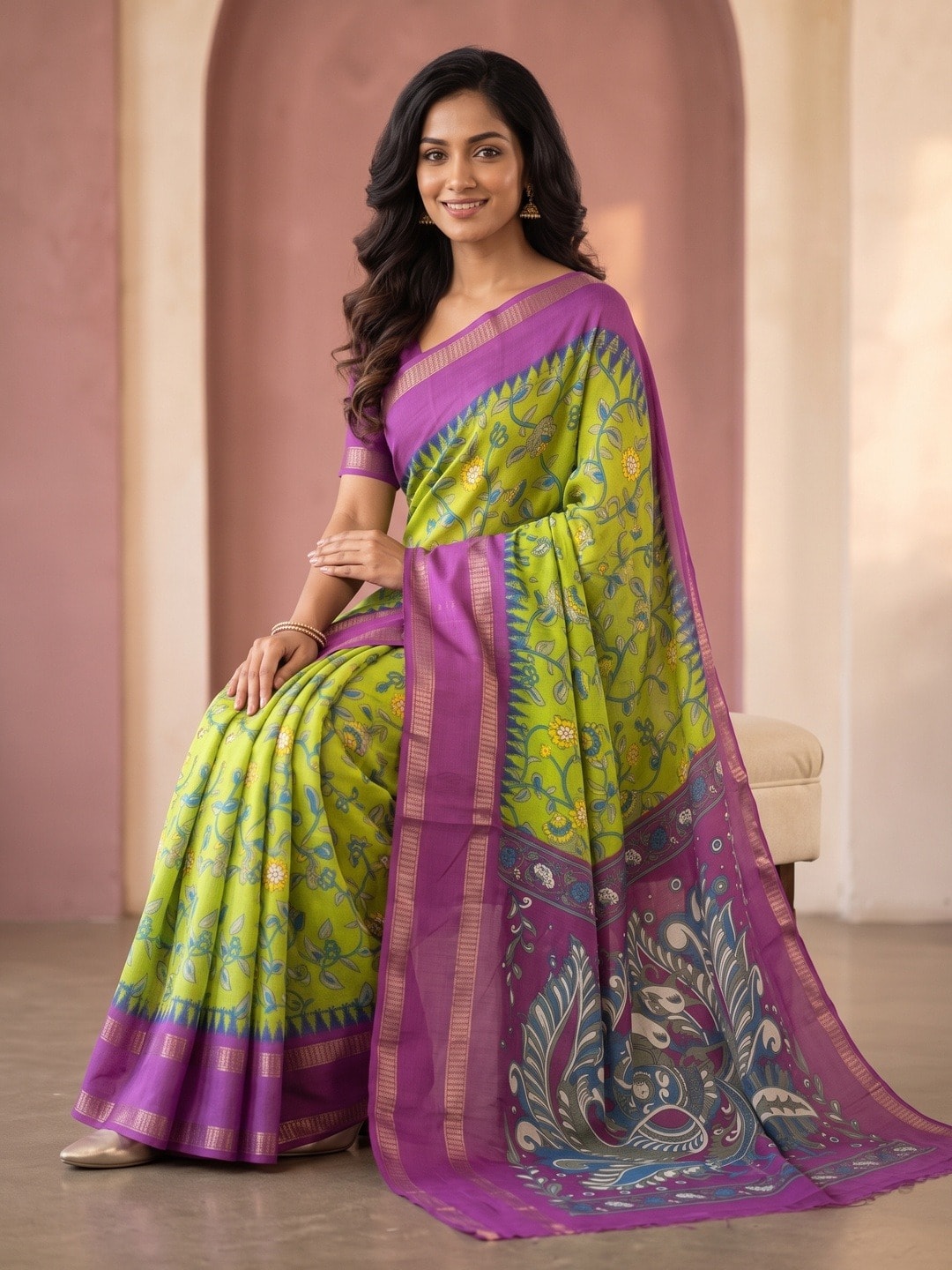 Peachmode Lime Green Moss Georgette Saree With Bentex Jacquard Border And Kalamkari Peacock Pallu - Image 5
