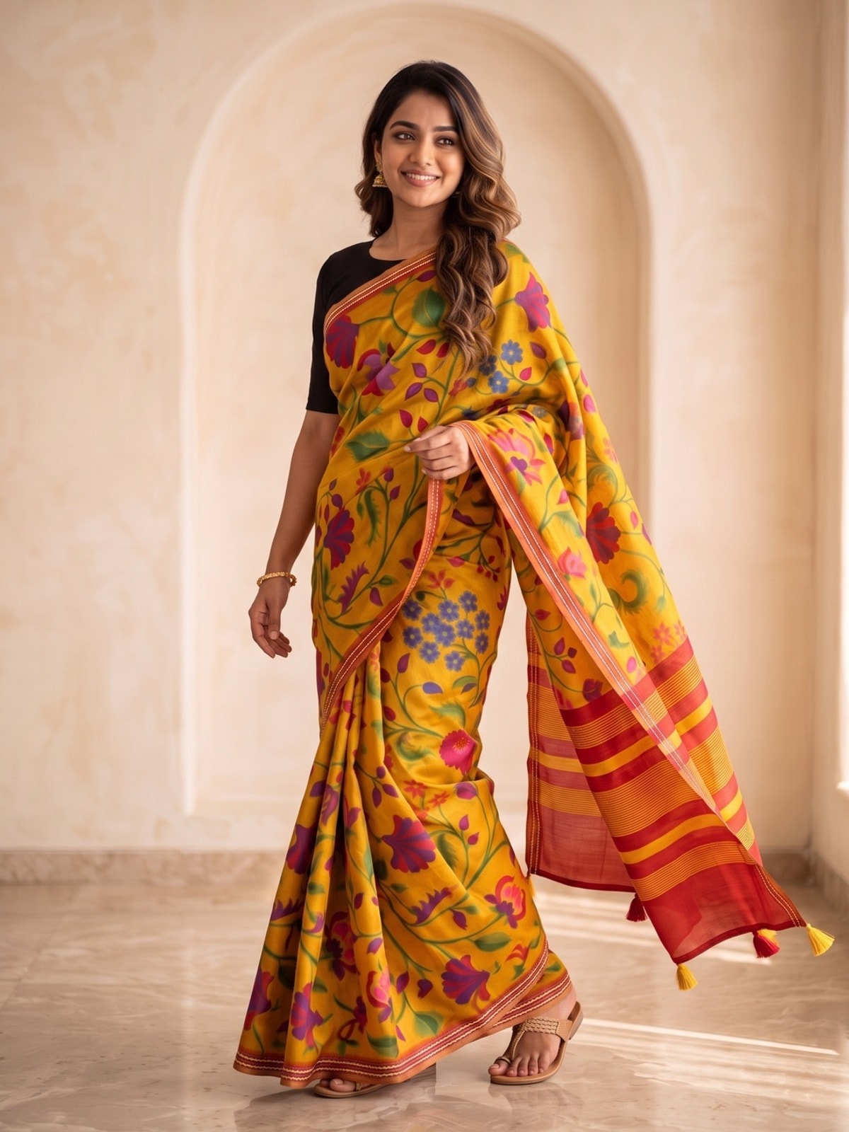 Peachmode Mustard Tussar Silk Floral Printed Saree With Viscose Arrow Weaving Border - Image 2