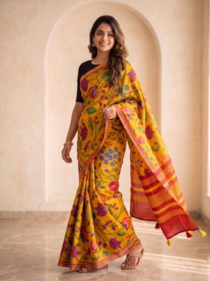 Peachmode Mustard Tussar Silk Floral Printed Saree With Viscose Arrow Weaving Border - Image 2
