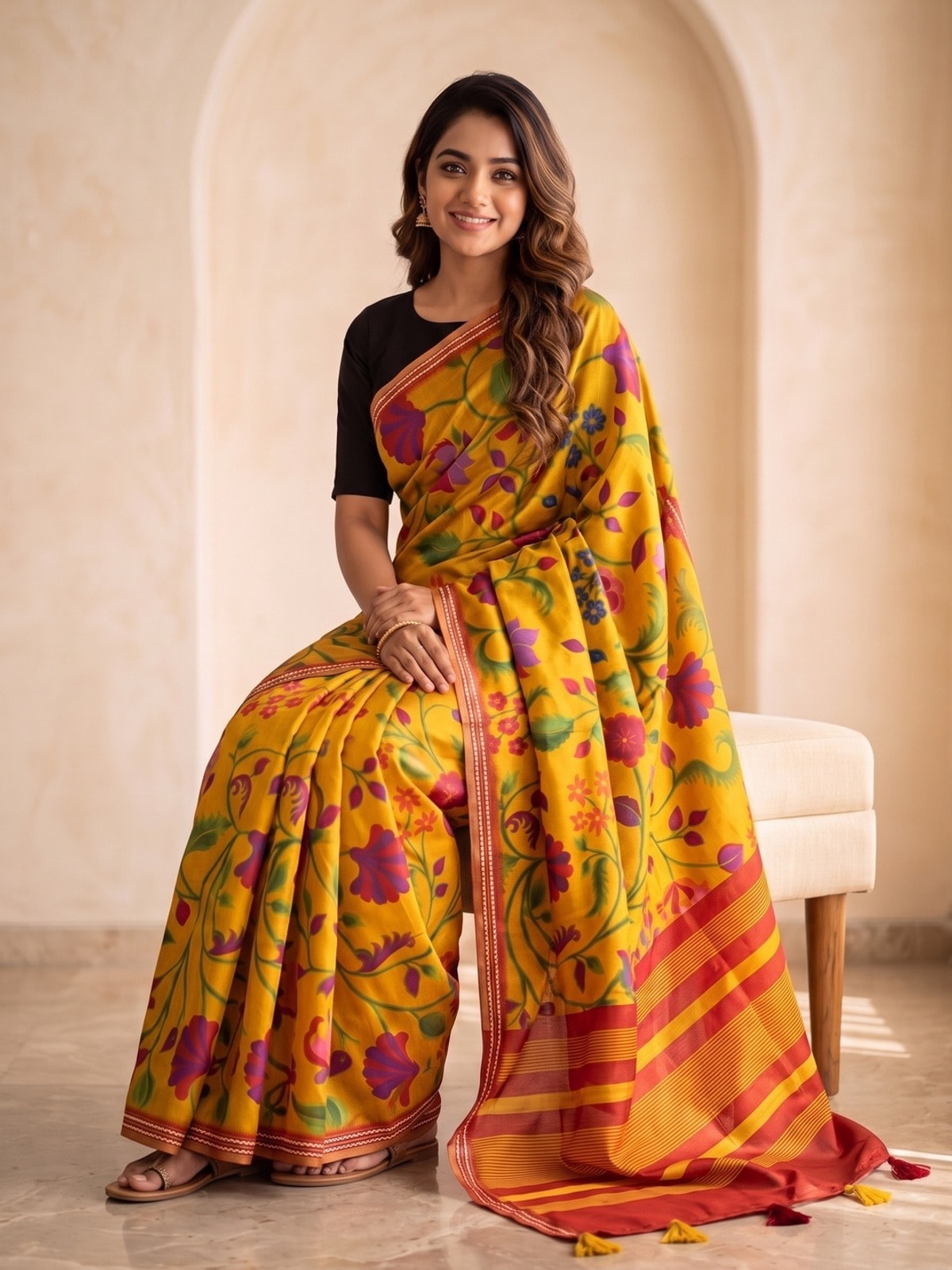 Peachmode Mustard Tussar Silk Floral Printed Saree With Viscose Arrow Weaving Border - Image 5