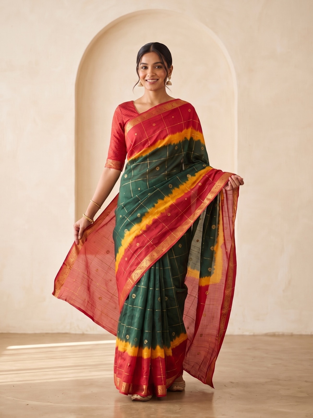 Peachmode Red Soft Cotton Jacquard Bandhani Shibori Saree With Kalamkari Weaving - Image 1