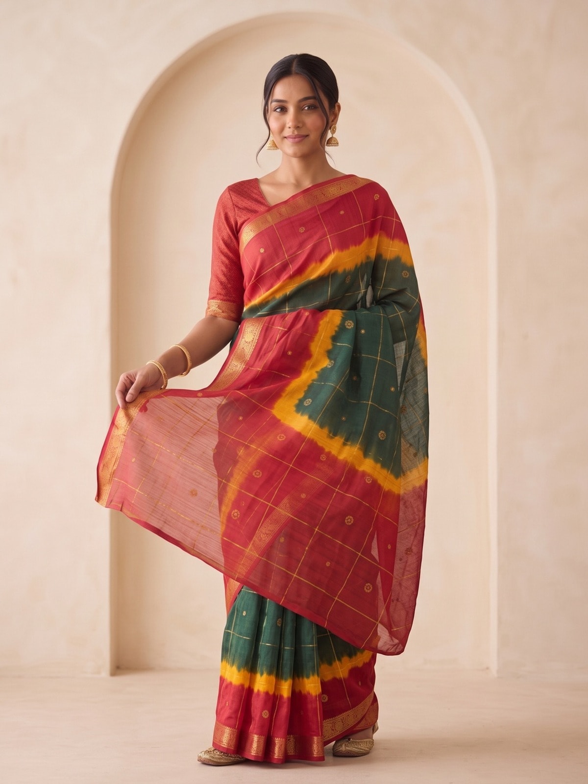 Peachmode Red Soft Cotton Jacquard Bandhani Shibori Saree With Kalamkari Weaving - Image 3