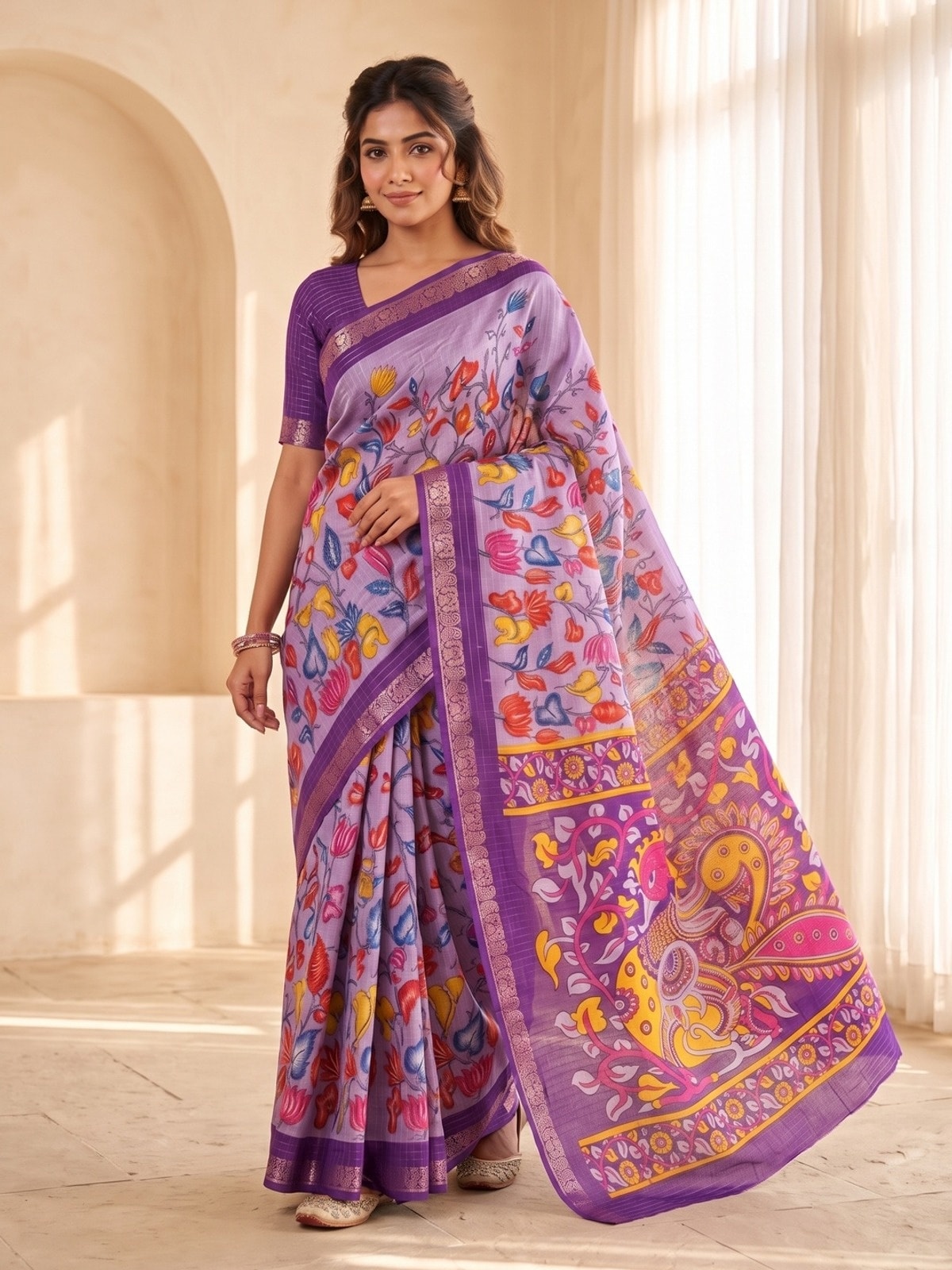 Peachmode Lavender Soft Cotton Chex Jacquard Saree With Kalamkari Peacock Pallu - Image 1