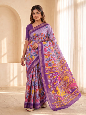 Peachmode Lavender Soft Cotton Chex Jacquard Saree With Kalamkari Peacock Pallu - Image 1