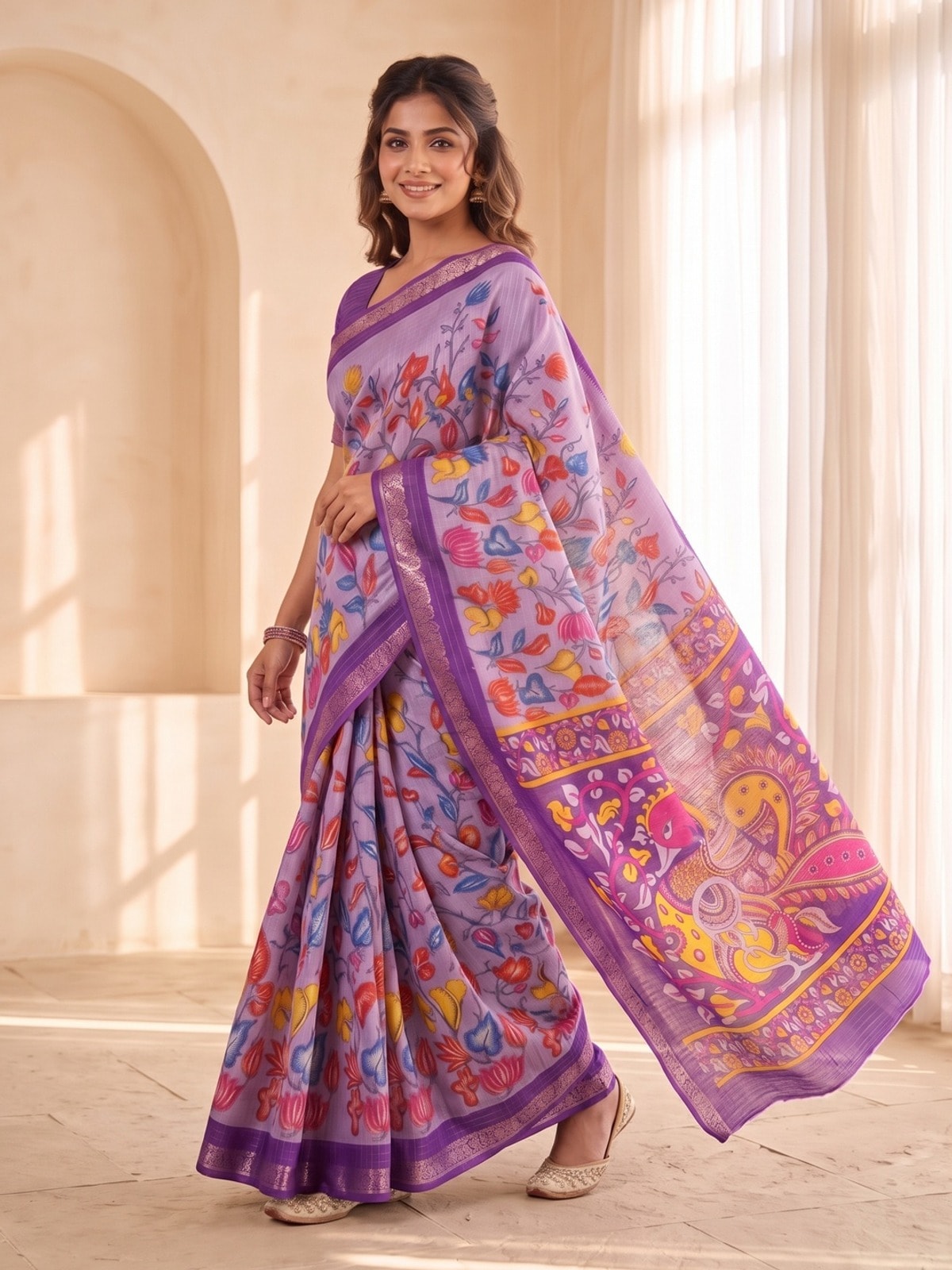 Peachmode Lavender Soft Cotton Chex Jacquard Saree With Kalamkari Peacock Pallu - Image 2