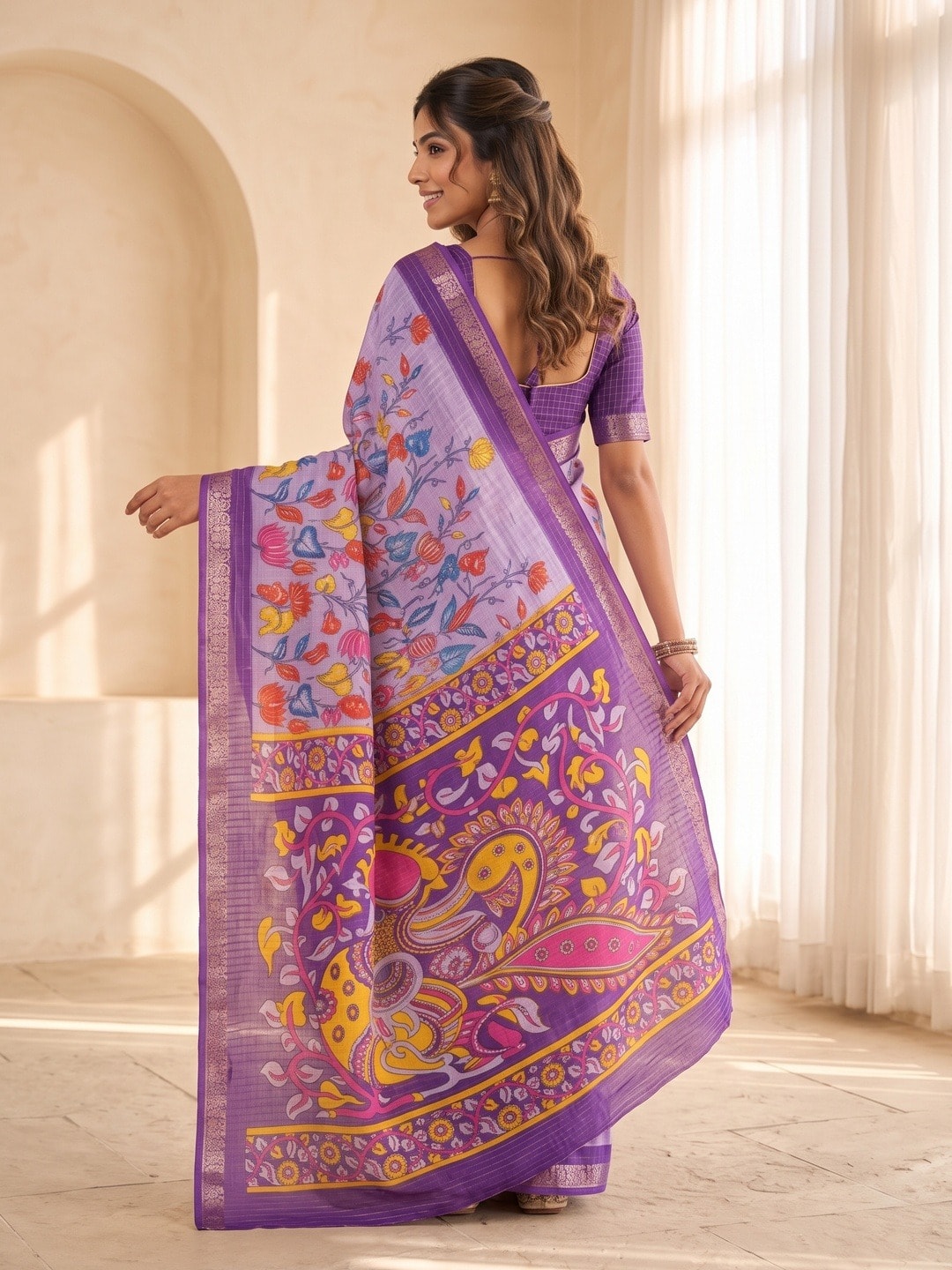 Peachmode Lavender Soft Cotton Chex Jacquard Saree With Kalamkari Peacock Pallu - Image 4