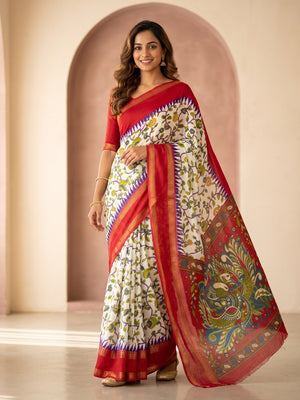 Peachmode White Moss Georgette Saree With Bentex Jacquard Border And Kalamkari Peacock Pallu - Image 1