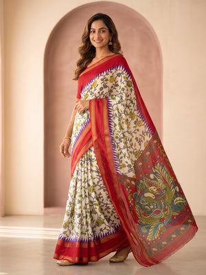 Peachmode White Moss Georgette Saree With Bentex Jacquard Border And Kalamkari Peacock Pallu - Image 2