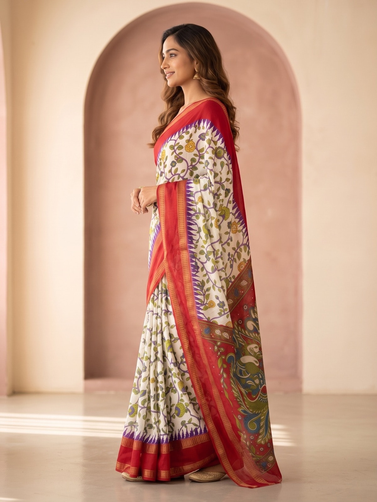 Peachmode White Moss Georgette Saree With Bentex Jacquard Border And Kalamkari Peacock Pallu - Image 4