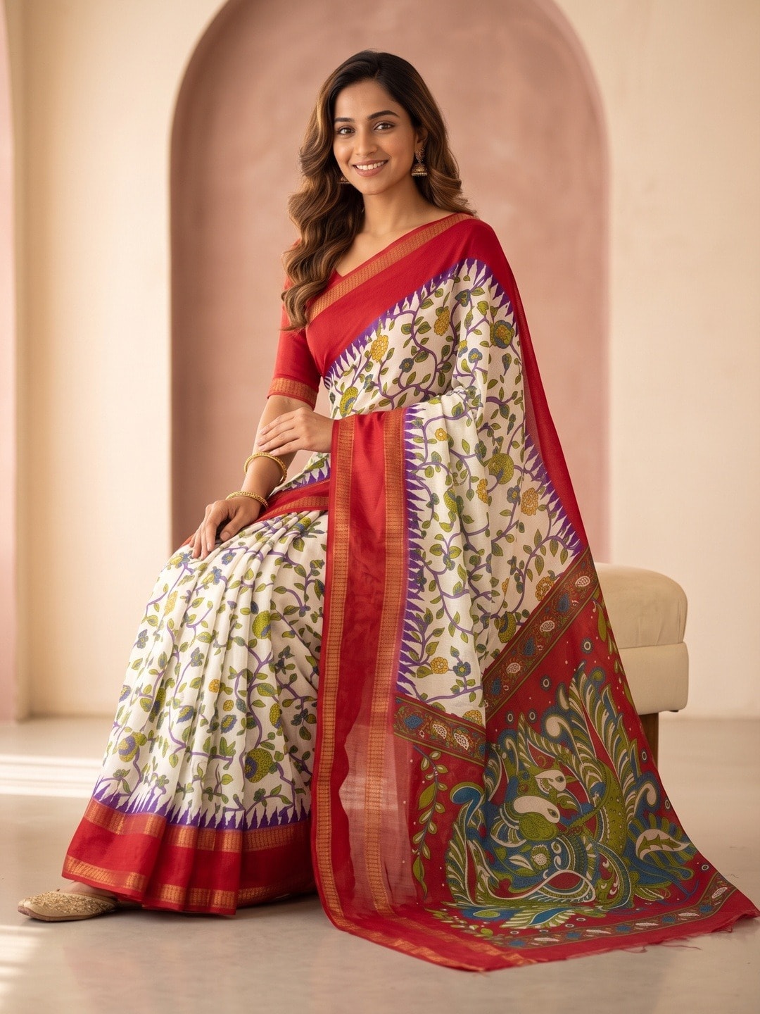 Peachmode White Moss Georgette Saree With Bentex Jacquard Border And Kalamkari Peacock Pallu - Image 5