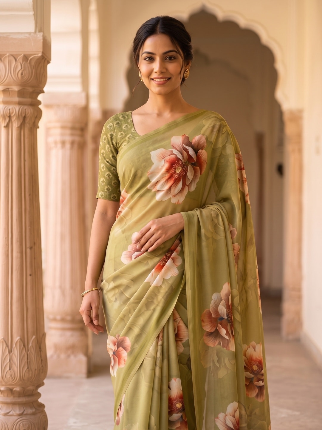 Peachmode Olive Green Peony Floral Weightless Georgette Digital Printed Saree - Image 2