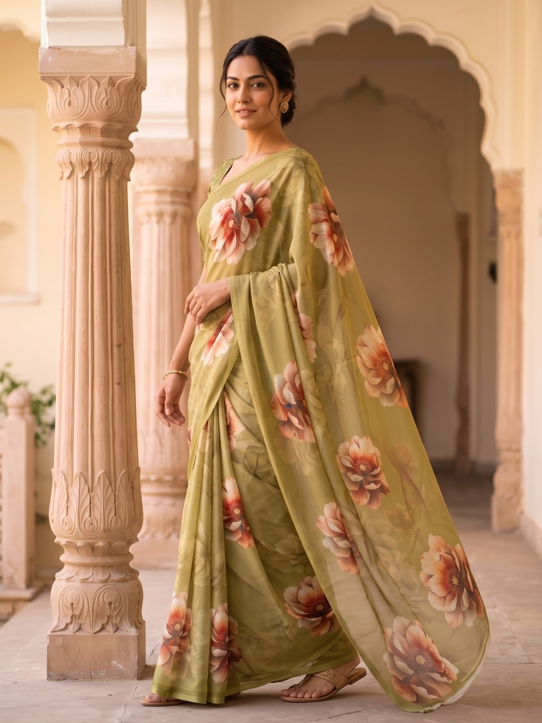 Peachmode Olive Green Peony Floral Weightless Georgette Digital Printed Saree - Image 4