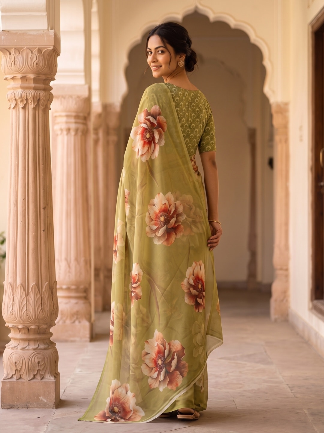 Peachmode Olive Green Peony Floral Weightless Georgette Digital Printed Saree - Image 5