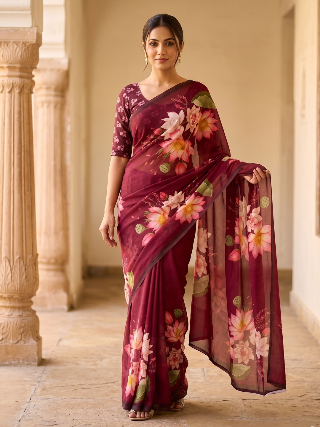 Peachmode Maroon Lotus Floral Weightless Georgette Digital Printed Saree - Image 1