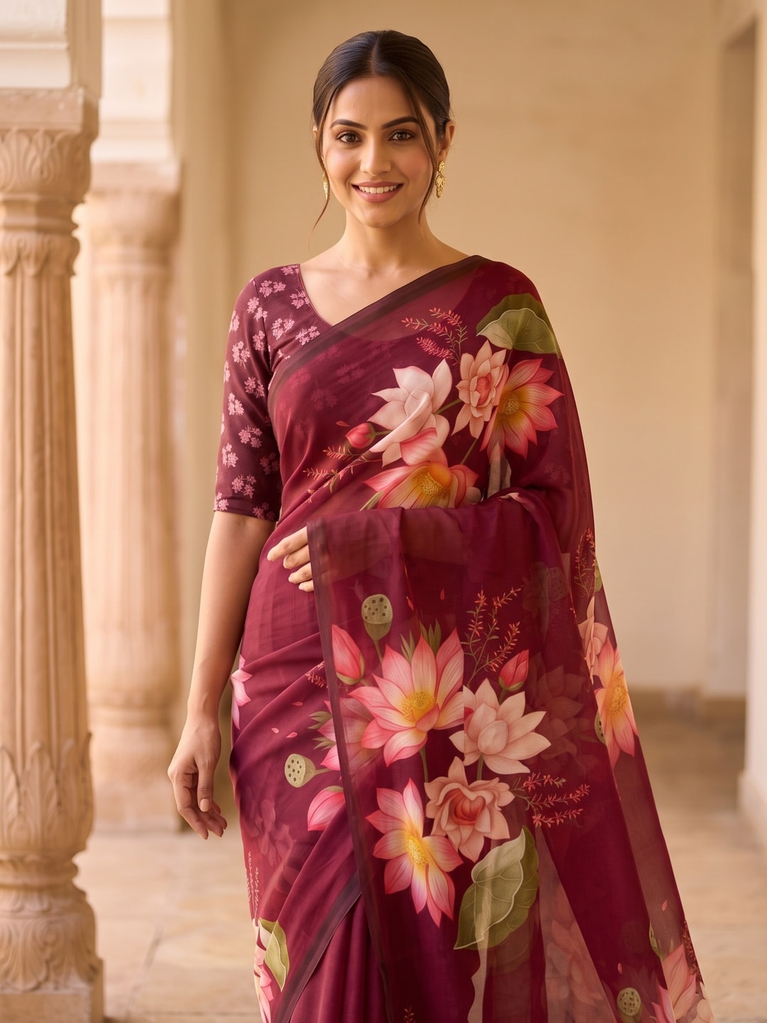 Peachmode Maroon Lotus Floral Weightless Georgette Digital Printed Saree - Image 2
