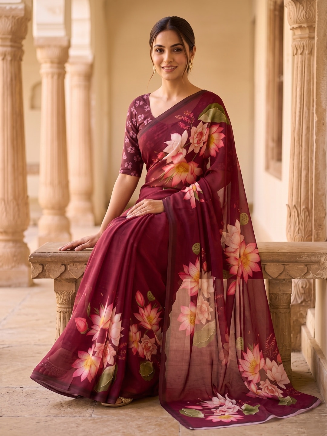 Peachmode Maroon Lotus Floral Weightless Georgette Digital Printed Saree - Image 4
