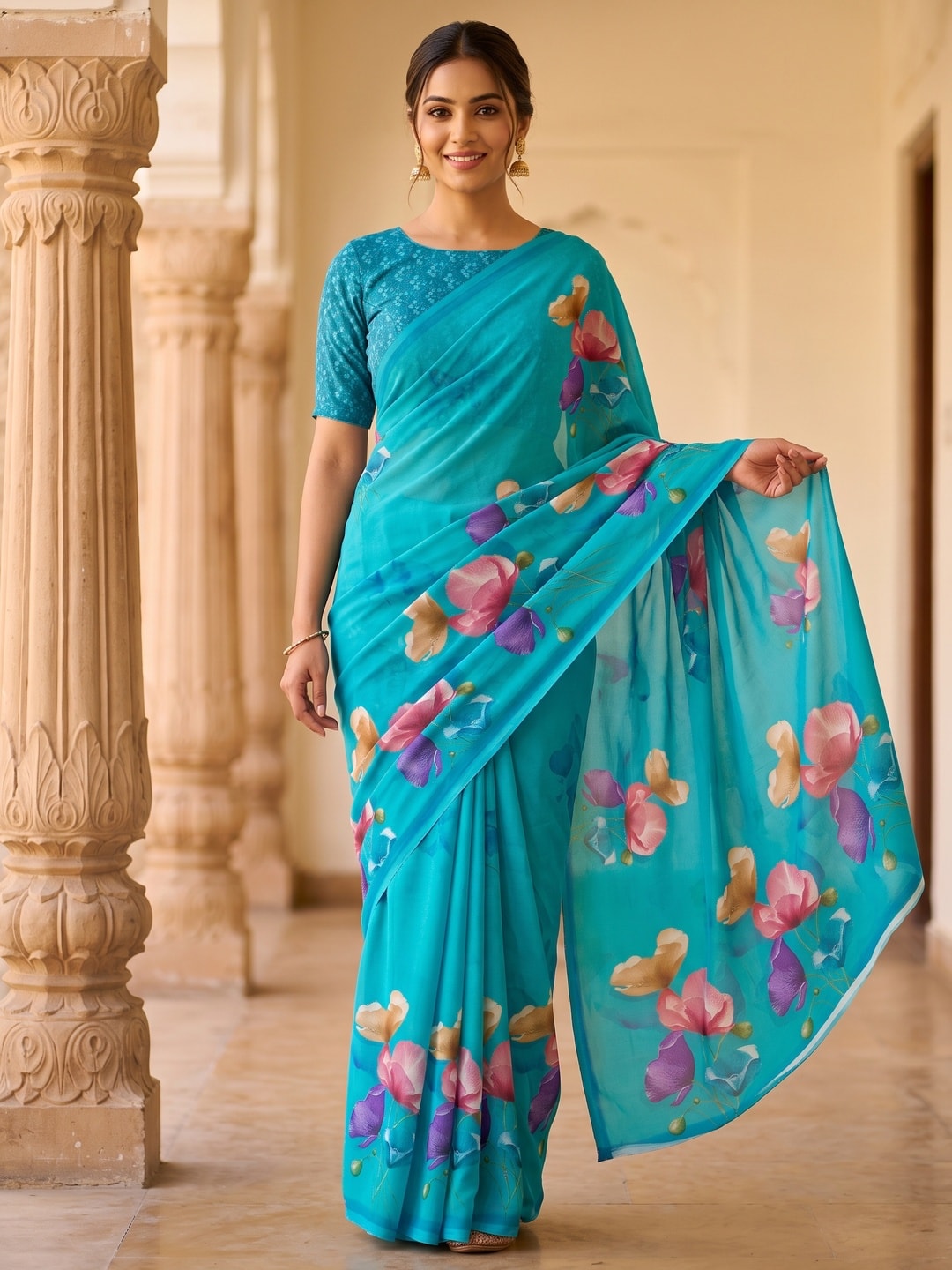 Peachmode Turquoise Watercolour Bloom Weightless Georgette Digital Printed Saree - Image 1
