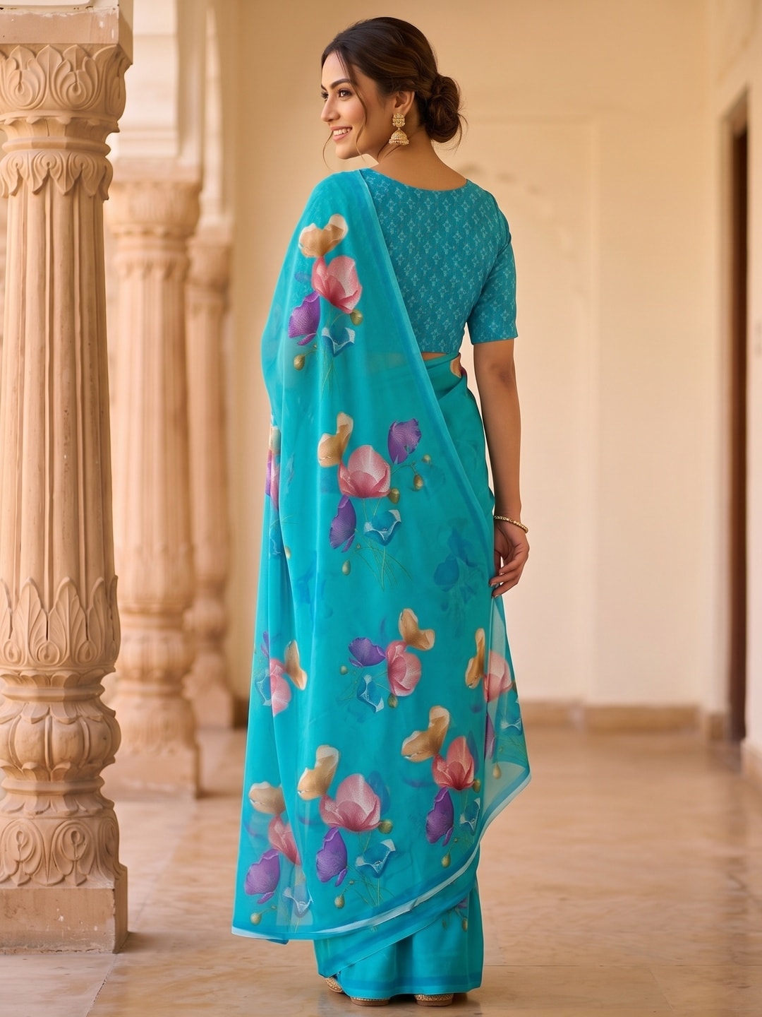 Peachmode Turquoise Watercolour Bloom Weightless Georgette Digital Printed Saree - Image 2