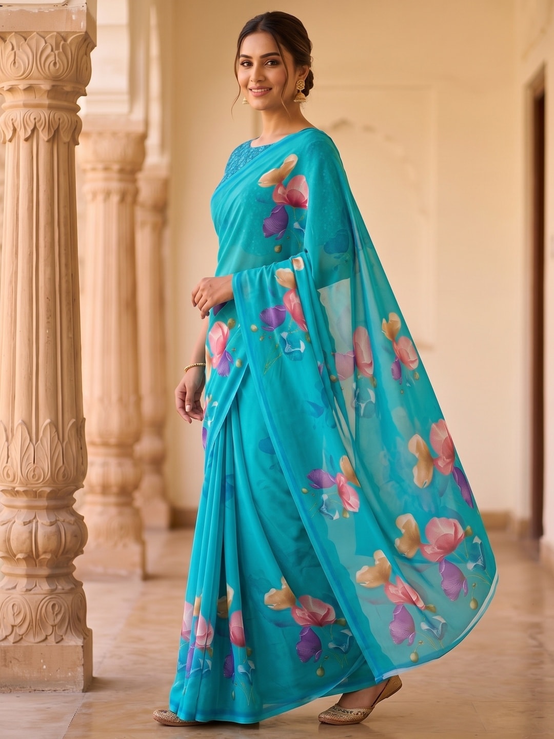Peachmode Turquoise Watercolour Bloom Weightless Georgette Digital Printed Saree - Image 3